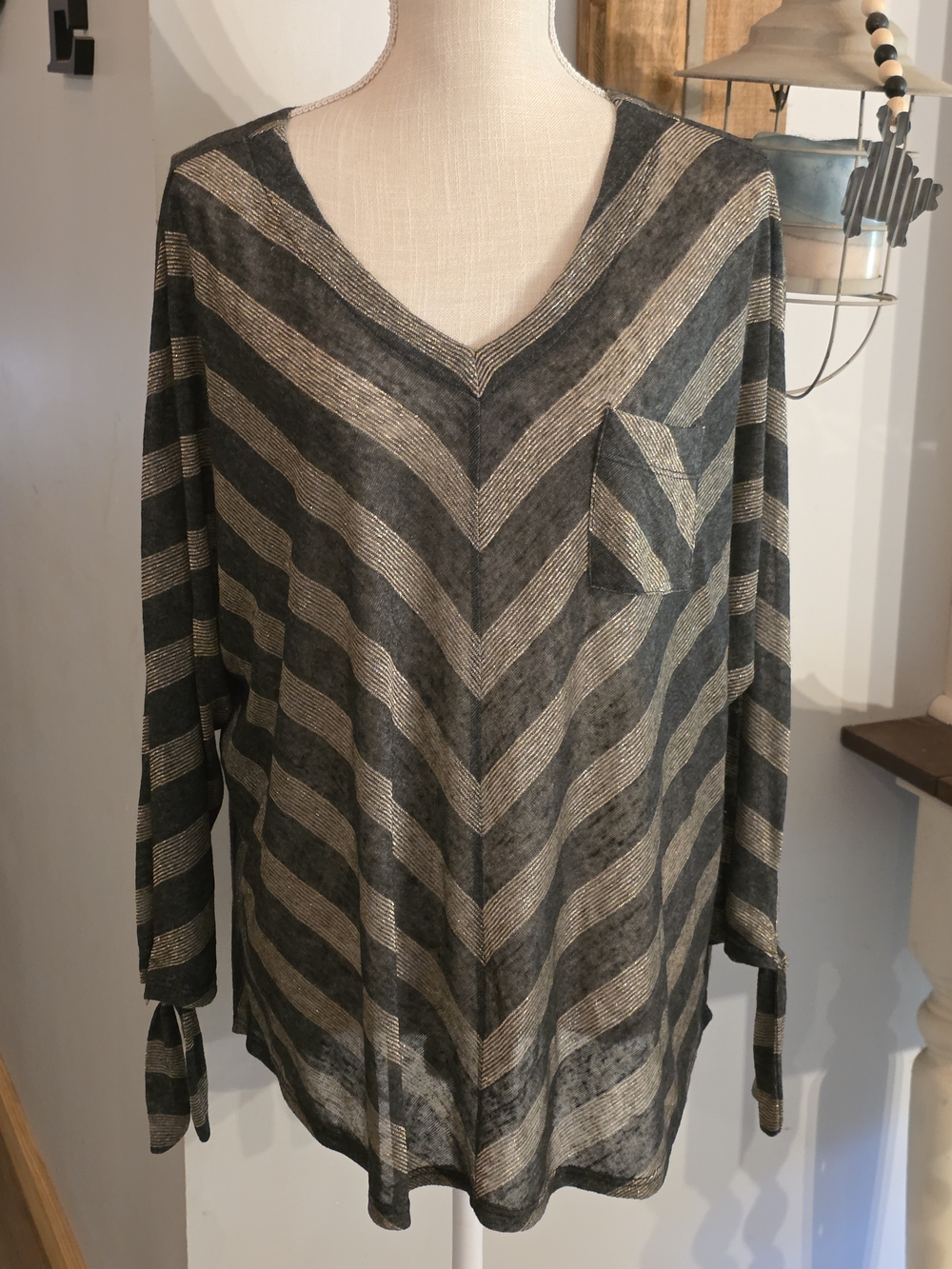 Cato Gray and Gold Striped V-Neck Knit Top